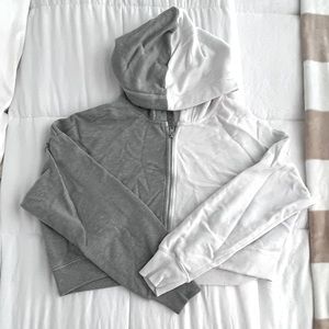 cropped color block zip up hoodie - white & gray